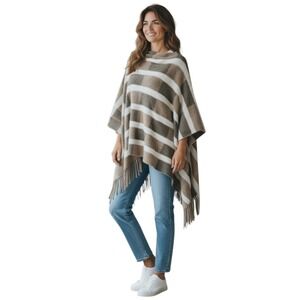 Northern Angel Womens Brown Striped‎ Fuzzy Knit Fringe Poncho Wrap L/XL